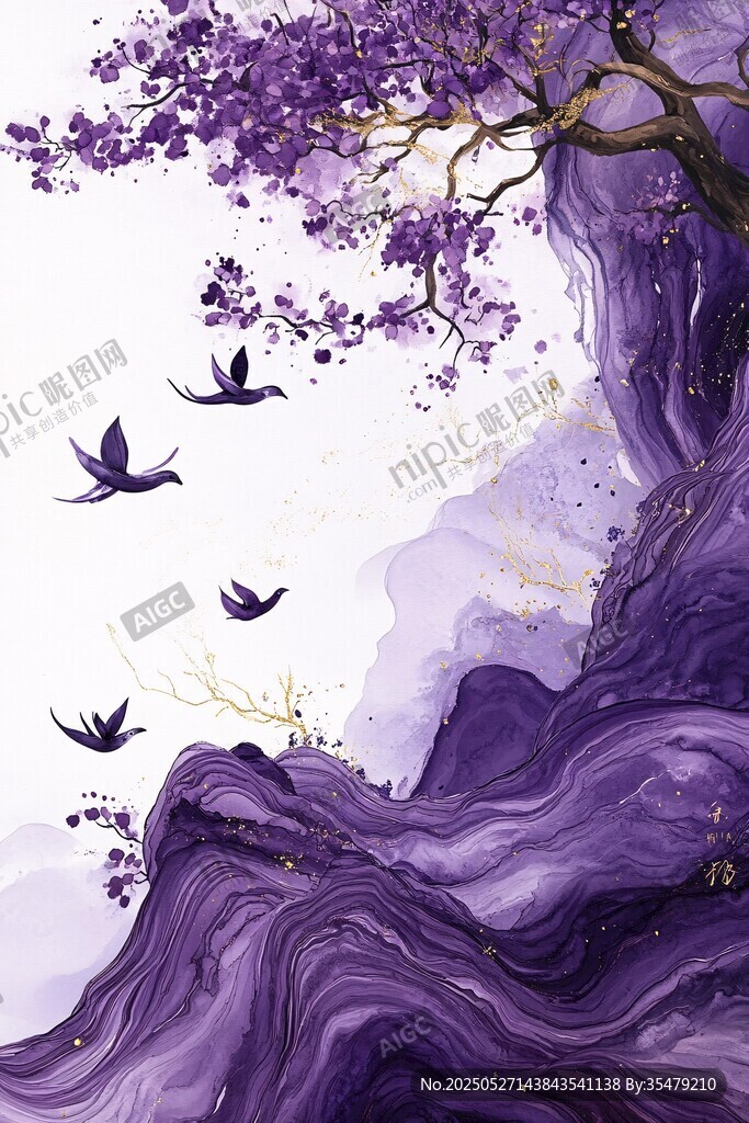 紫韻幽樹飛鳥夢(mèng)幻圖景