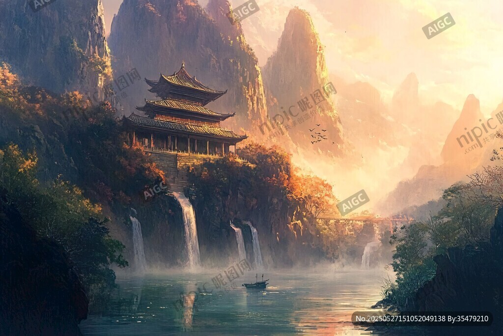 山水間的古風樓閣美景