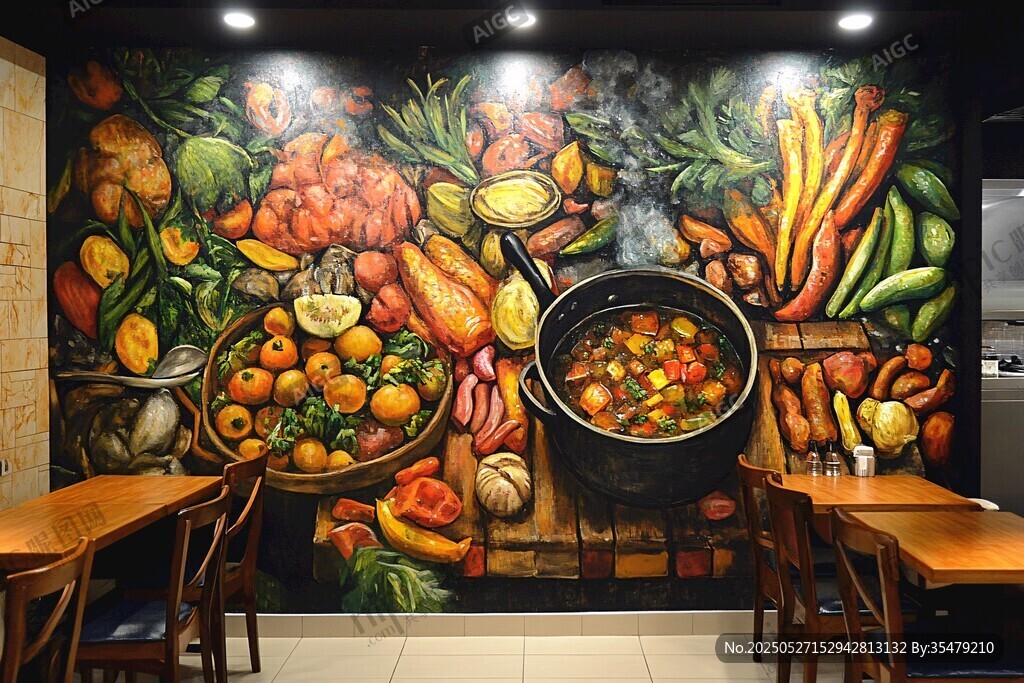 餐廳內色彩斑斕的蔬果壁畫