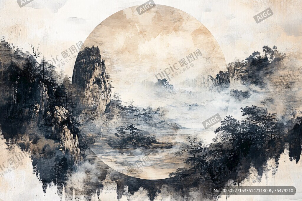 水墨山水間的朦朧圓月