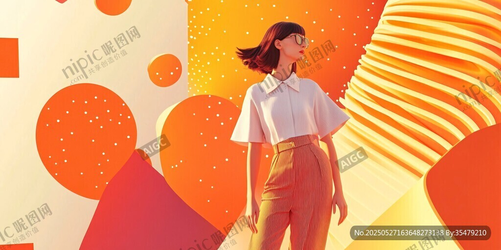 時(shí)尚少女置身多彩幾何空間