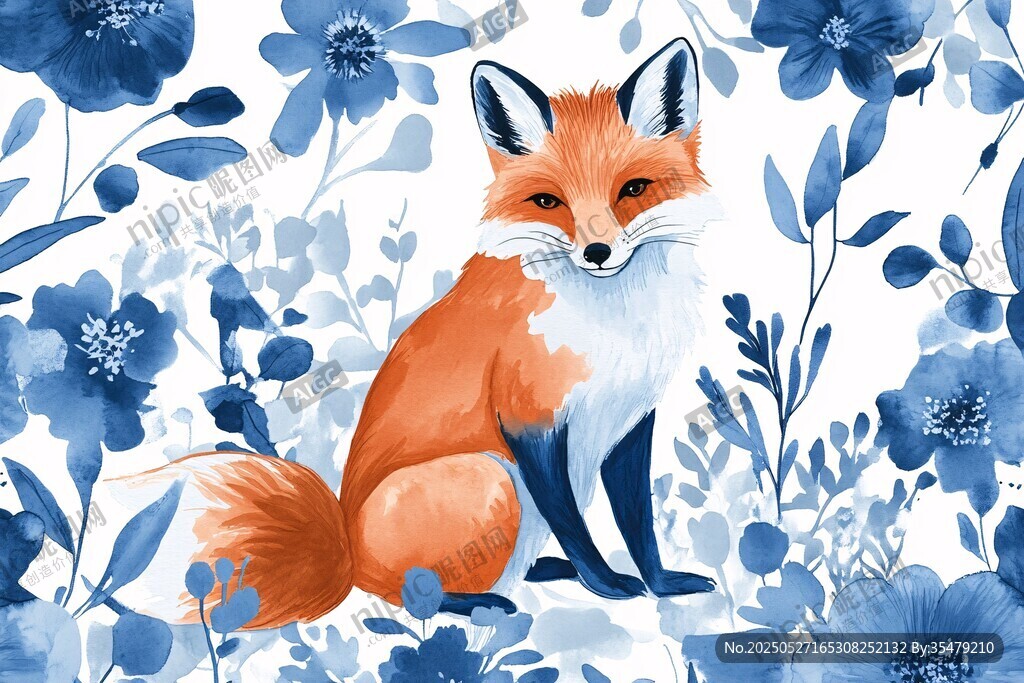 藍(lán)花中的可愛狐貍插畫