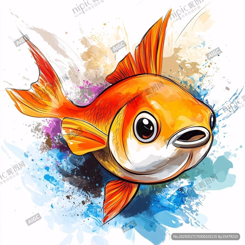 水彩風格可愛金魚插畫