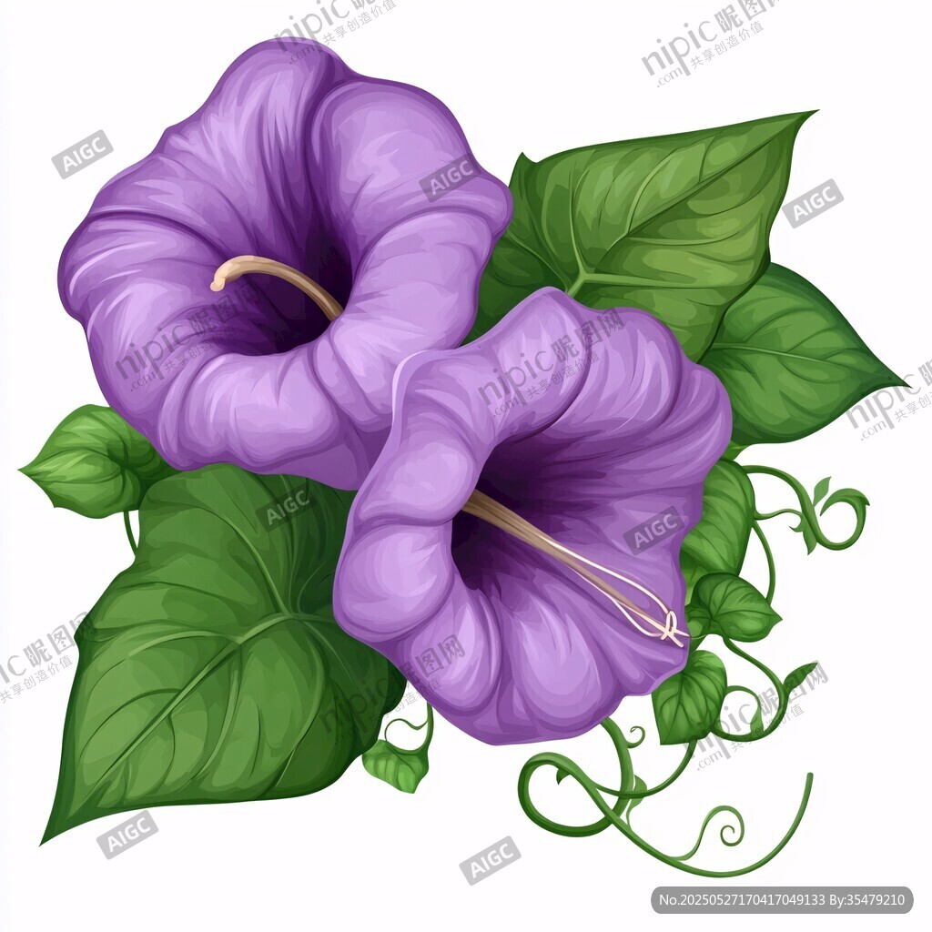 紫色牽牛花與綠葉插畫