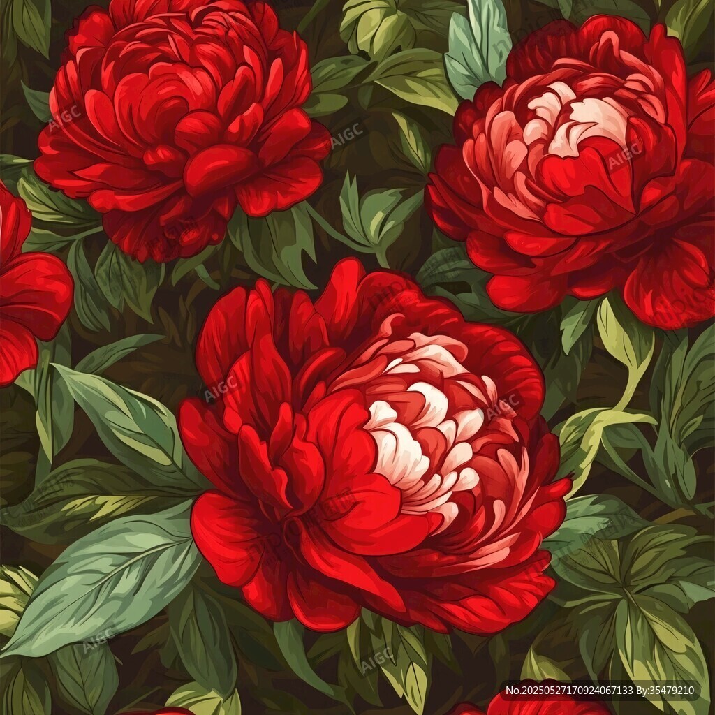 艷麗紅牡丹花卉圖案