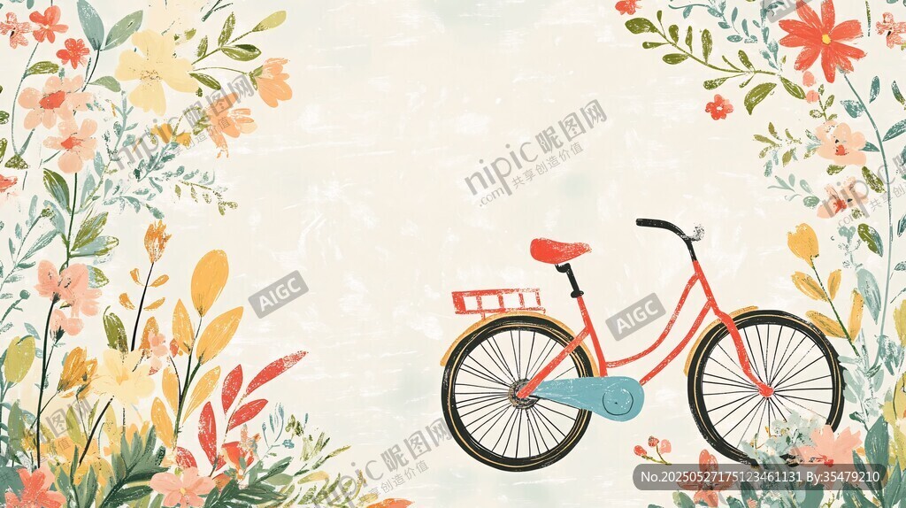 復古單車與爛漫花卉背景