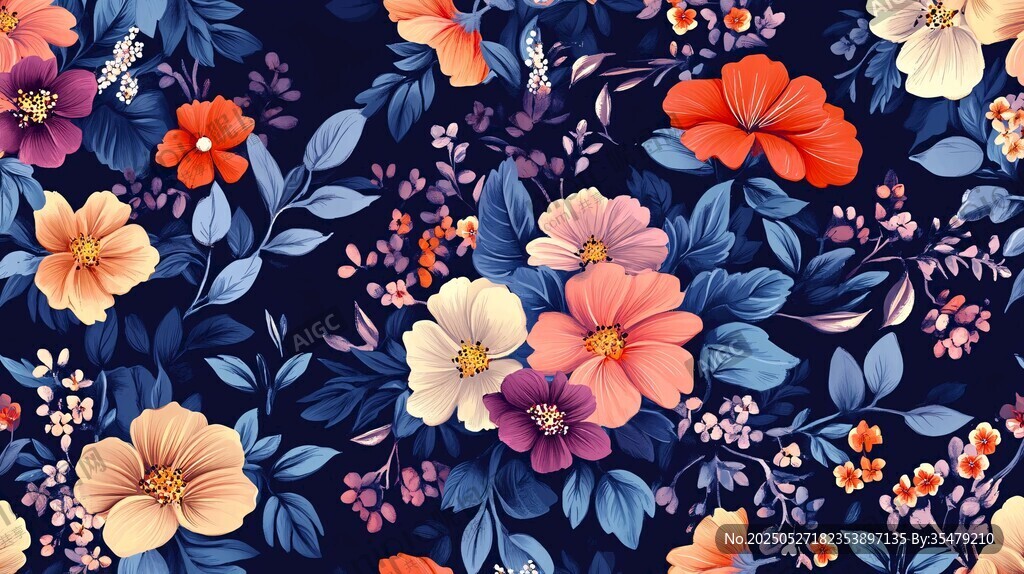 深藍背景絢麗花卉圖案