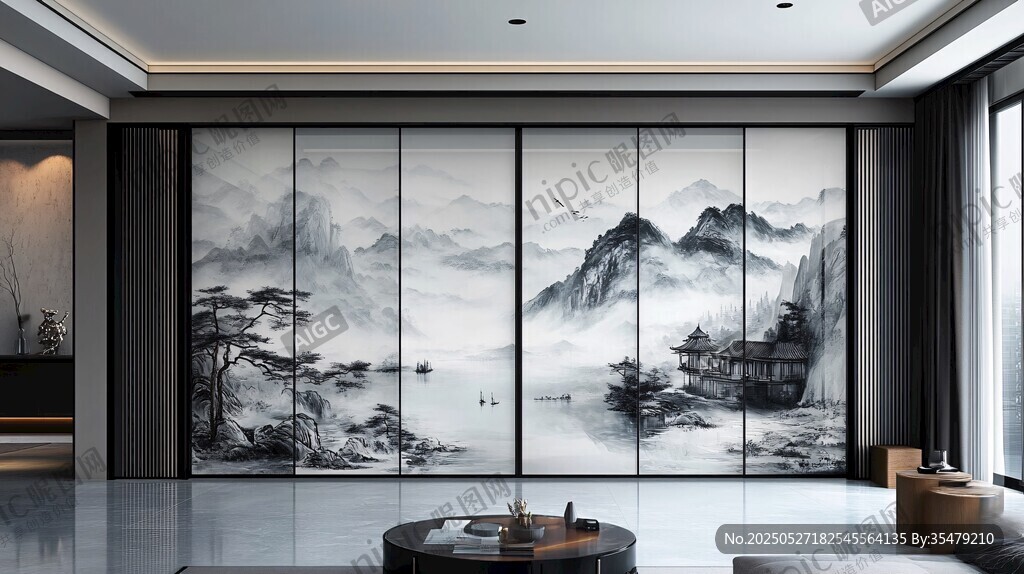 中式山水風(fēng)客廳背景墻
