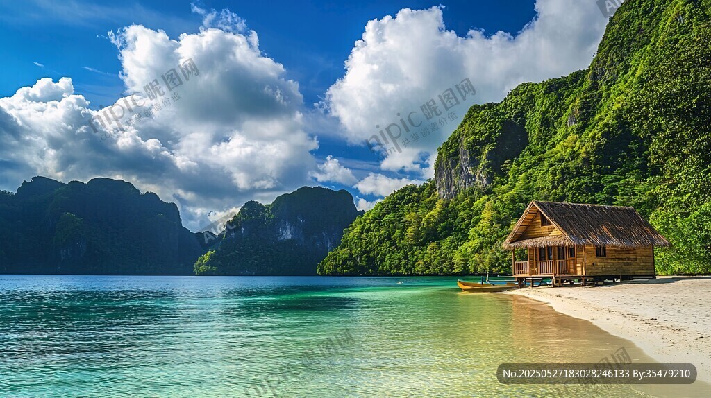 海濱木屋美景 青山綠水相伴