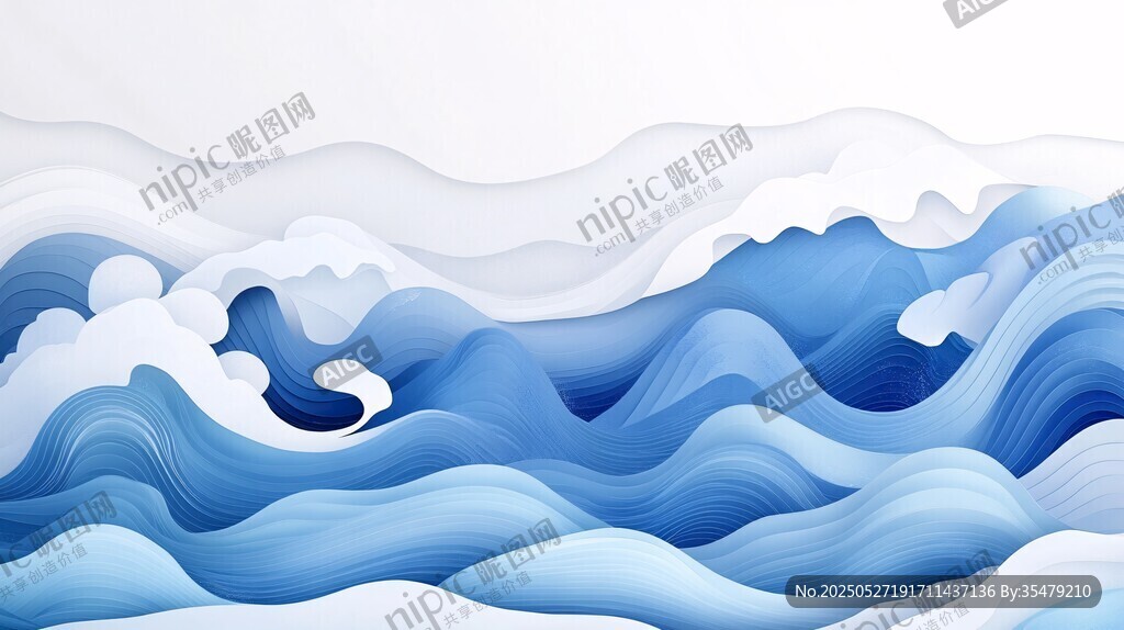 藍色紙藝風海浪創意圖案