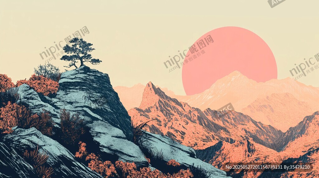 山巔孤松映落日美景