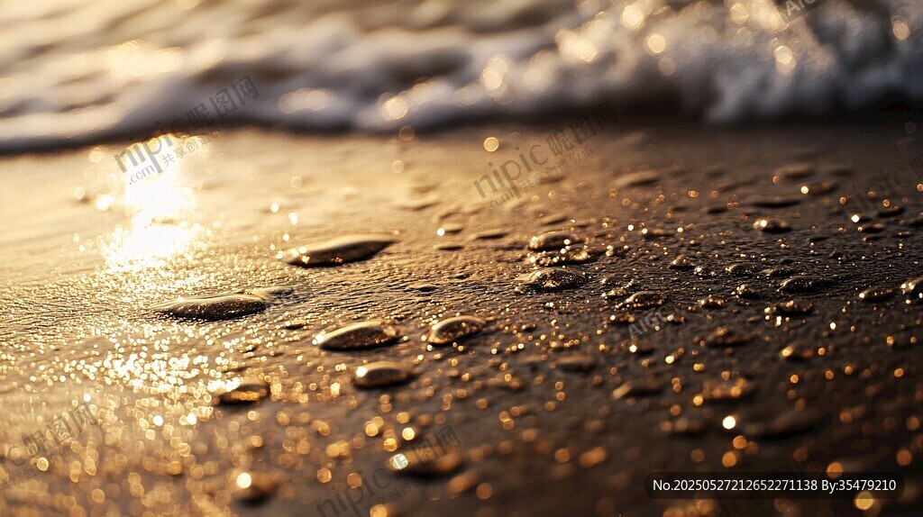 夕陽下沙灘上的海浪與水珠