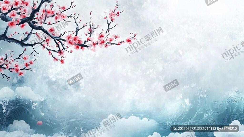 水墨紅梅云海意境圖