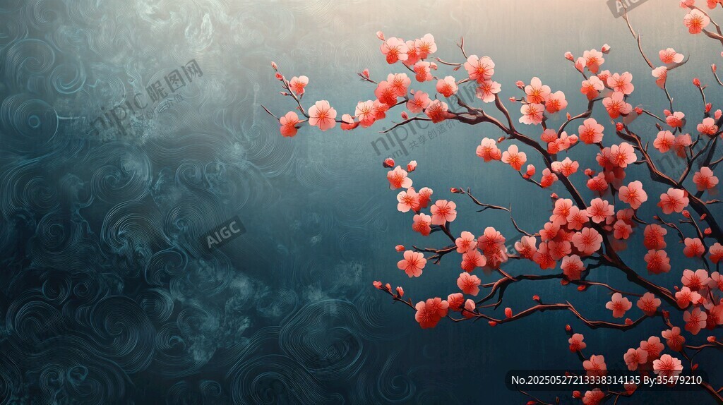 紅梅綻放于幽藍(lán)背景間