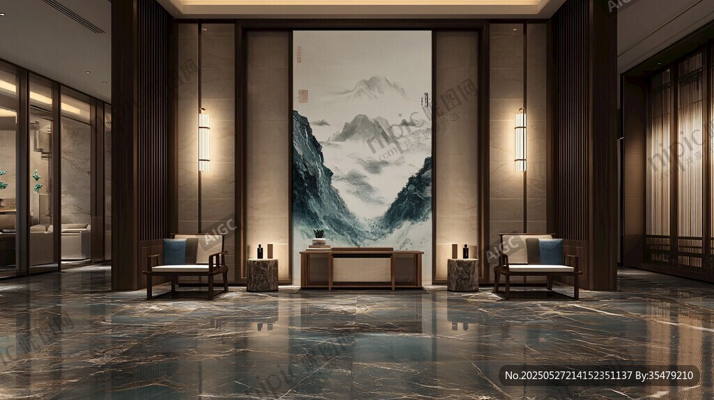 中式典雅大廳山水裝飾圖景