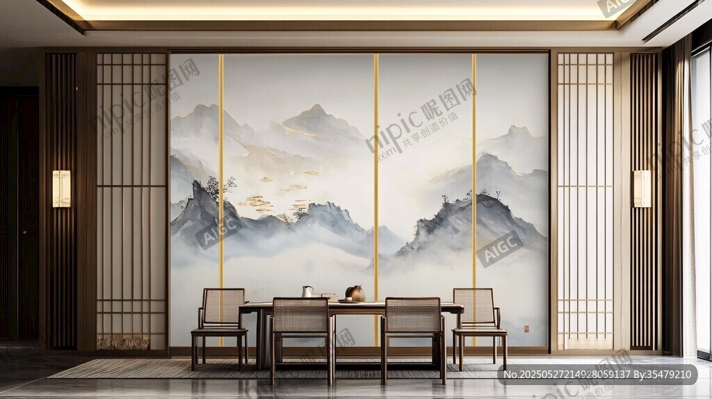 中式山水背景墻雅致茶室