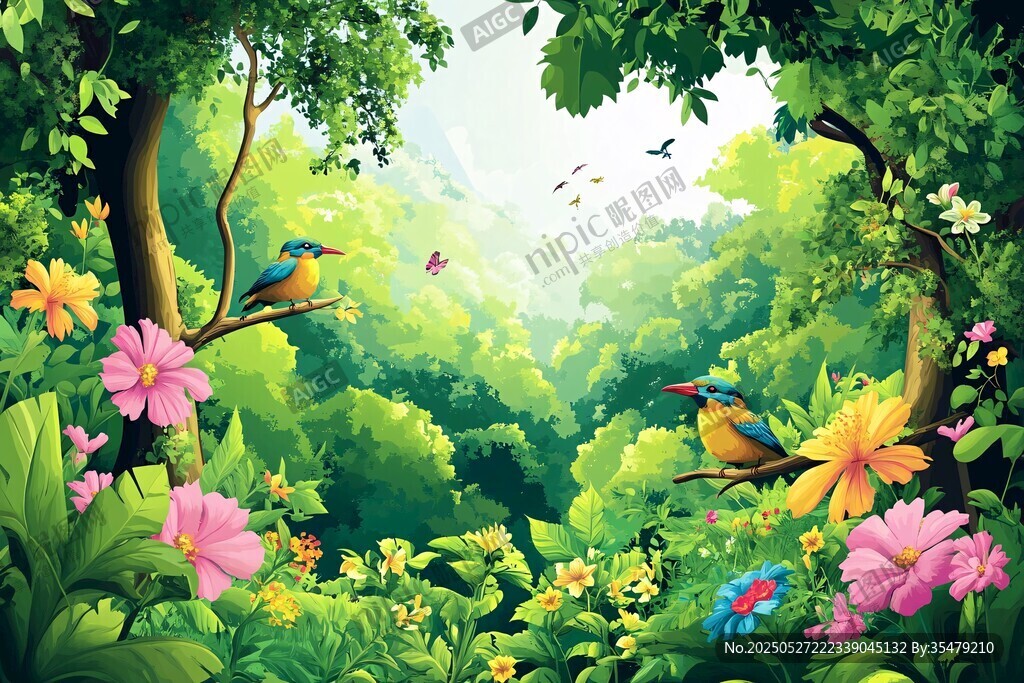 夢(mèng)幻叢林中的多彩鳥兒