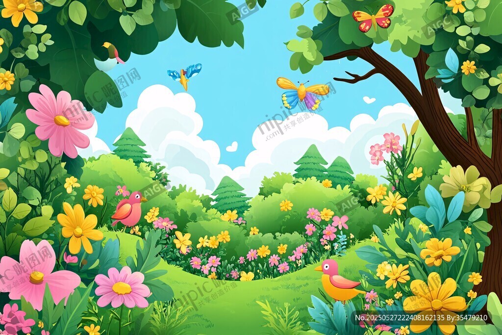 春日爛漫的森林花草圖景