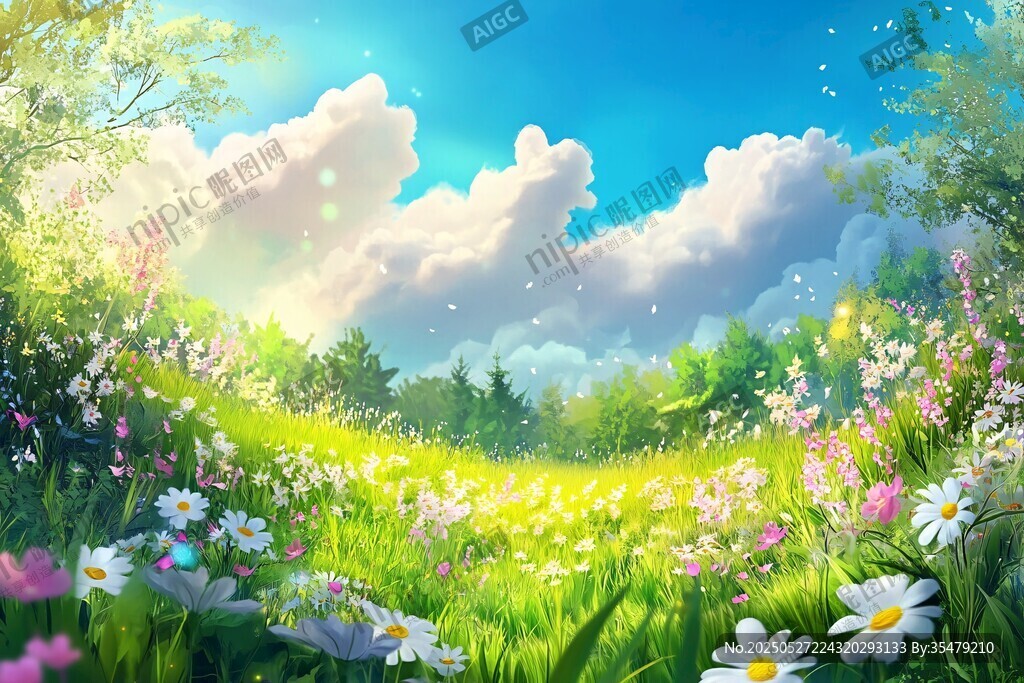 夢幻春日花海風景圖