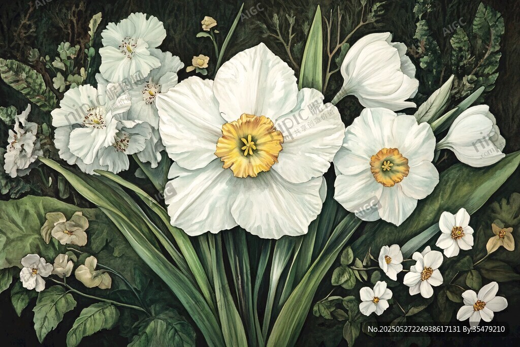 白色水仙花卉精美畫作