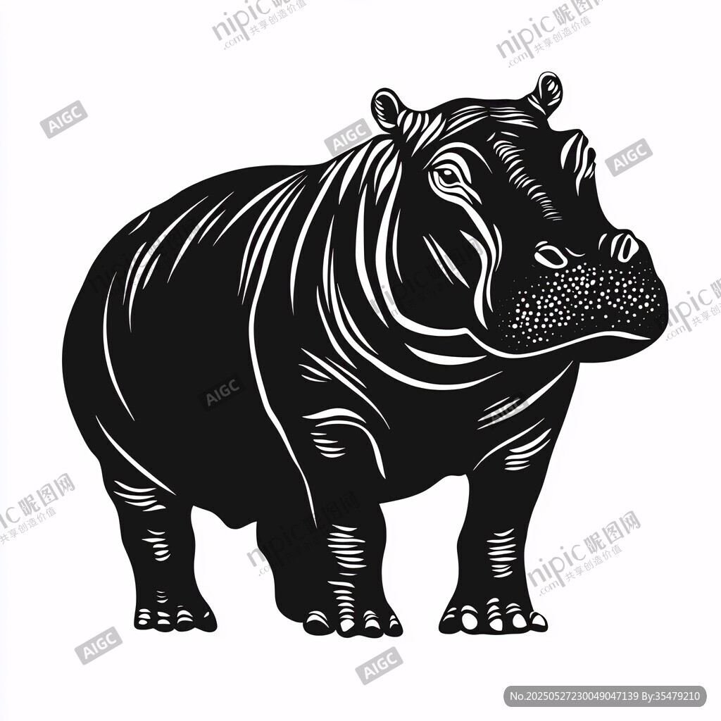 黑白線條河馬插畫形象