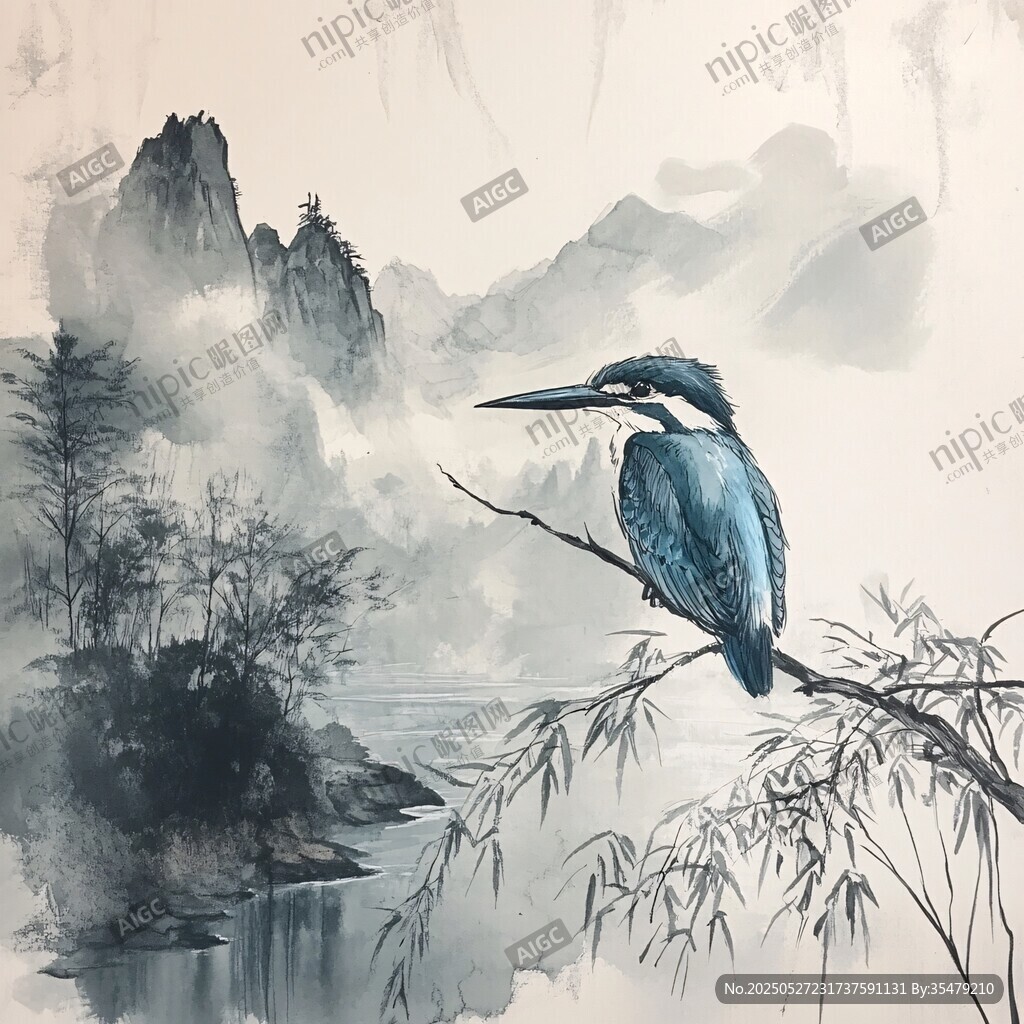 水墨山水間的翠鳥靜棲