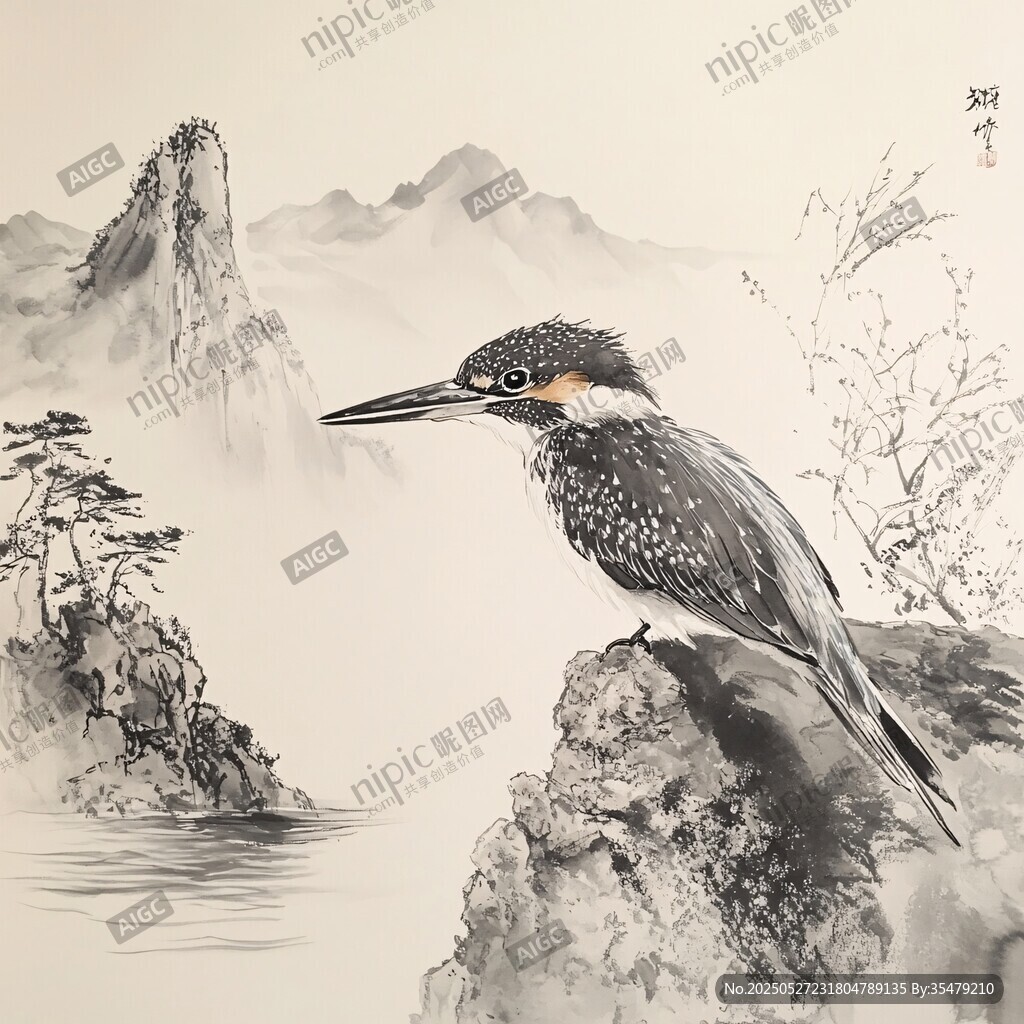 水墨翠鳥棲于山水間