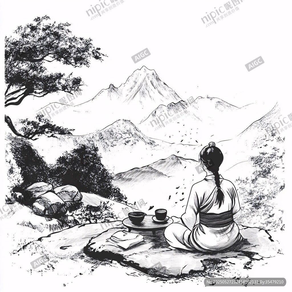 一人獨坐山間悠然品茶