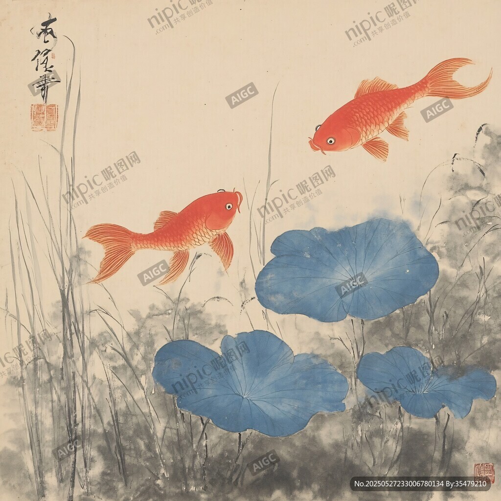雙鯉戲荷圖