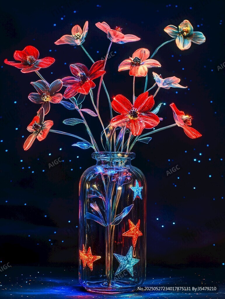 夢幻星空下的多彩瓶中花
