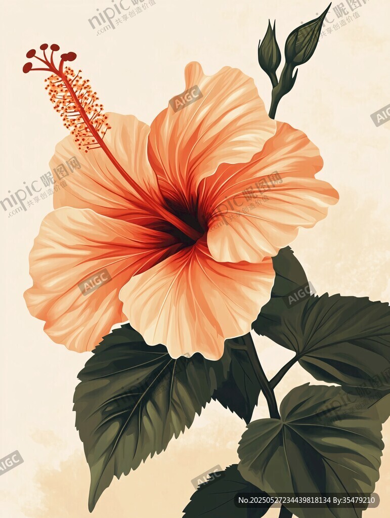 橙紅色木槿花插畫