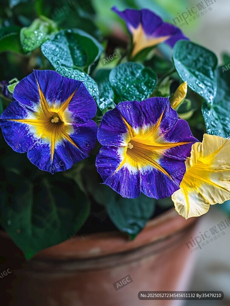 藍黃牽牛花盆栽特寫