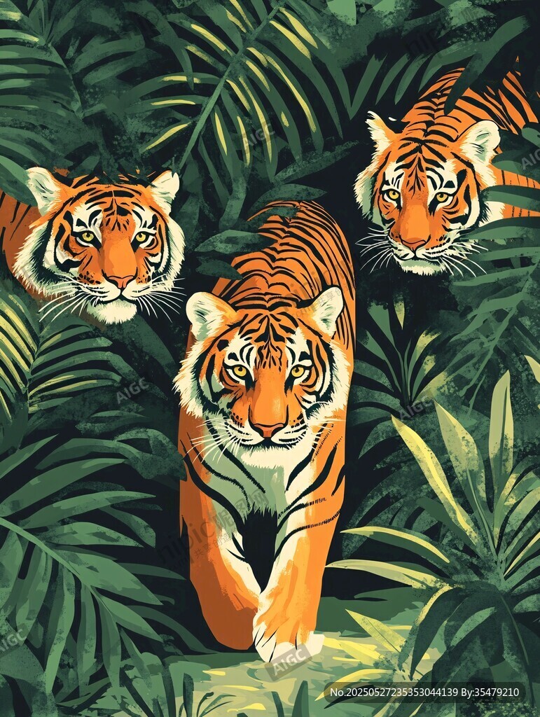 叢林中漫步的三只斑斕猛虎