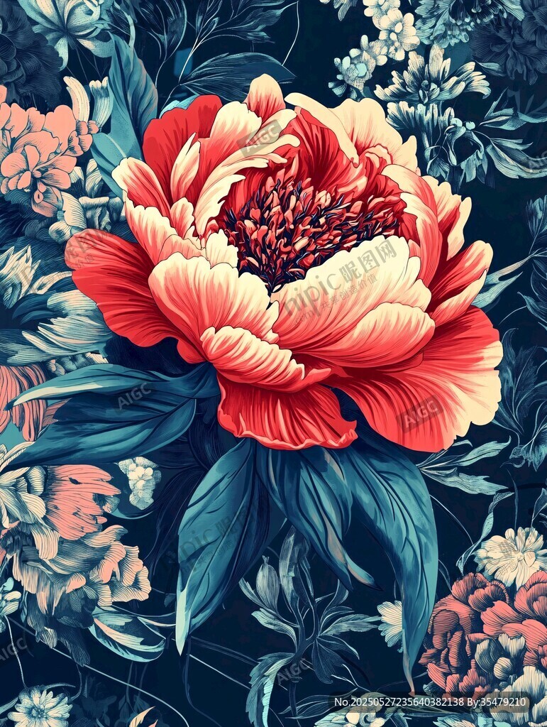 復古風艷麗牡丹花卉圖案