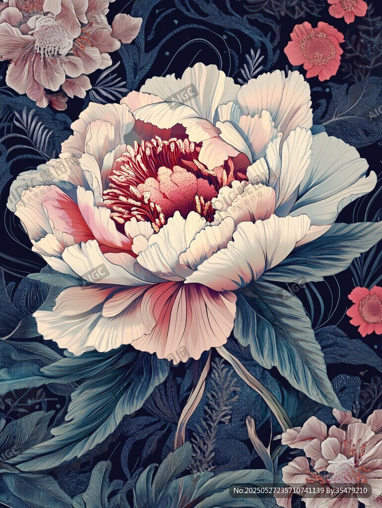 華麗牡丹花卉復(fù)古風(fēng)插畫