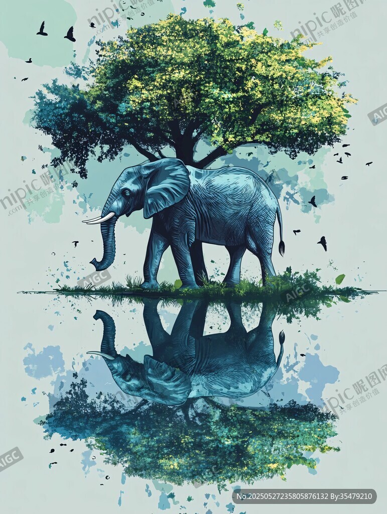 大象樹下漫步的夢幻水彩畫