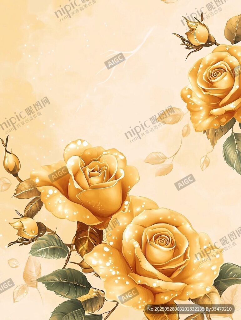 金色玫瑰花卉唯美插畫
