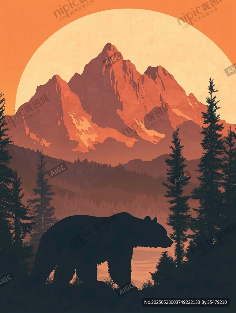 夕陽下的熊與山林美景