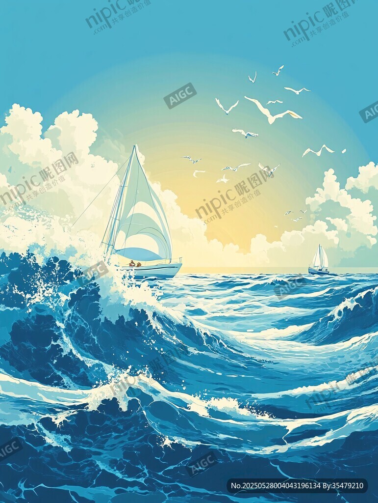 海上帆船迎浪飛鳥美景
