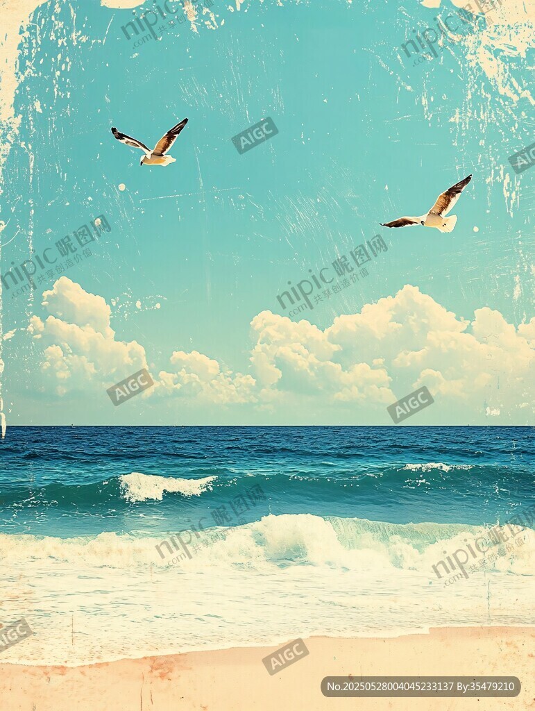 海邊飛鳥與浪的美好景致