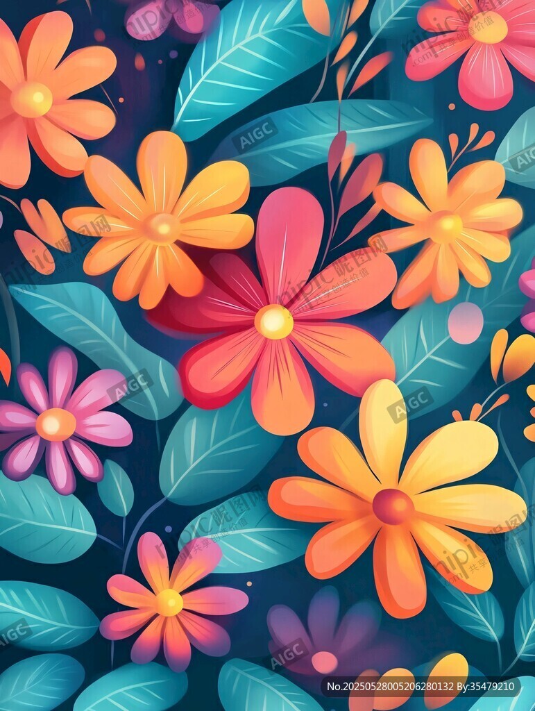 多彩花卉與綠葉插畫圖案