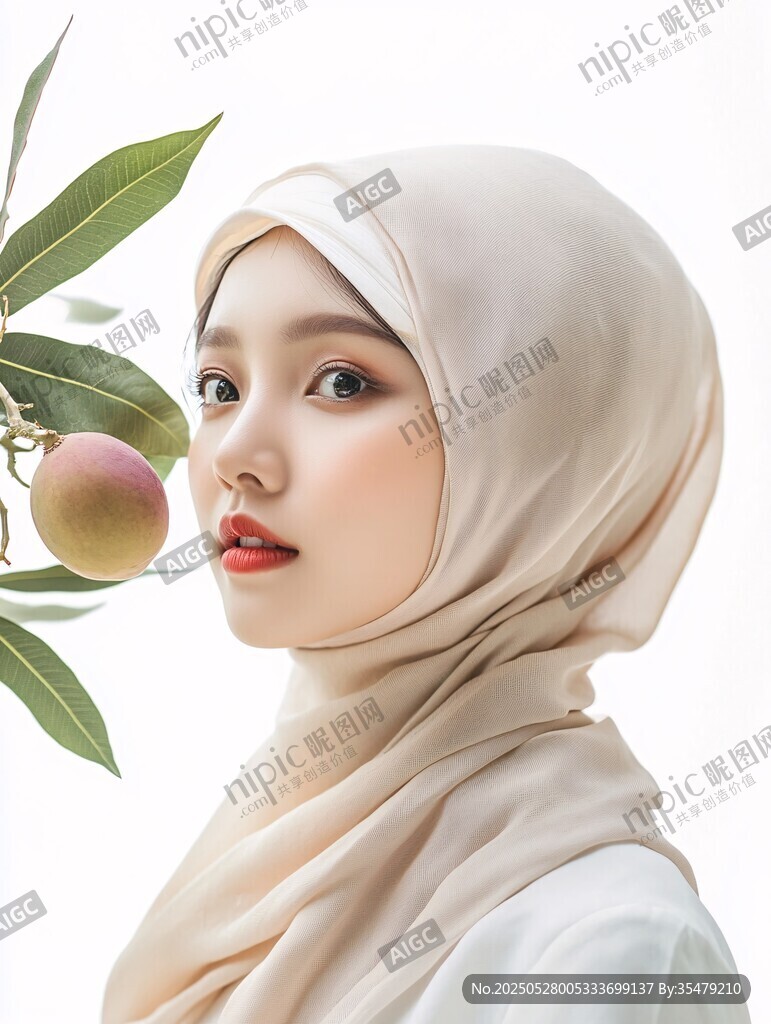 頭戴頭巾的優(yōu)雅女性與果枝