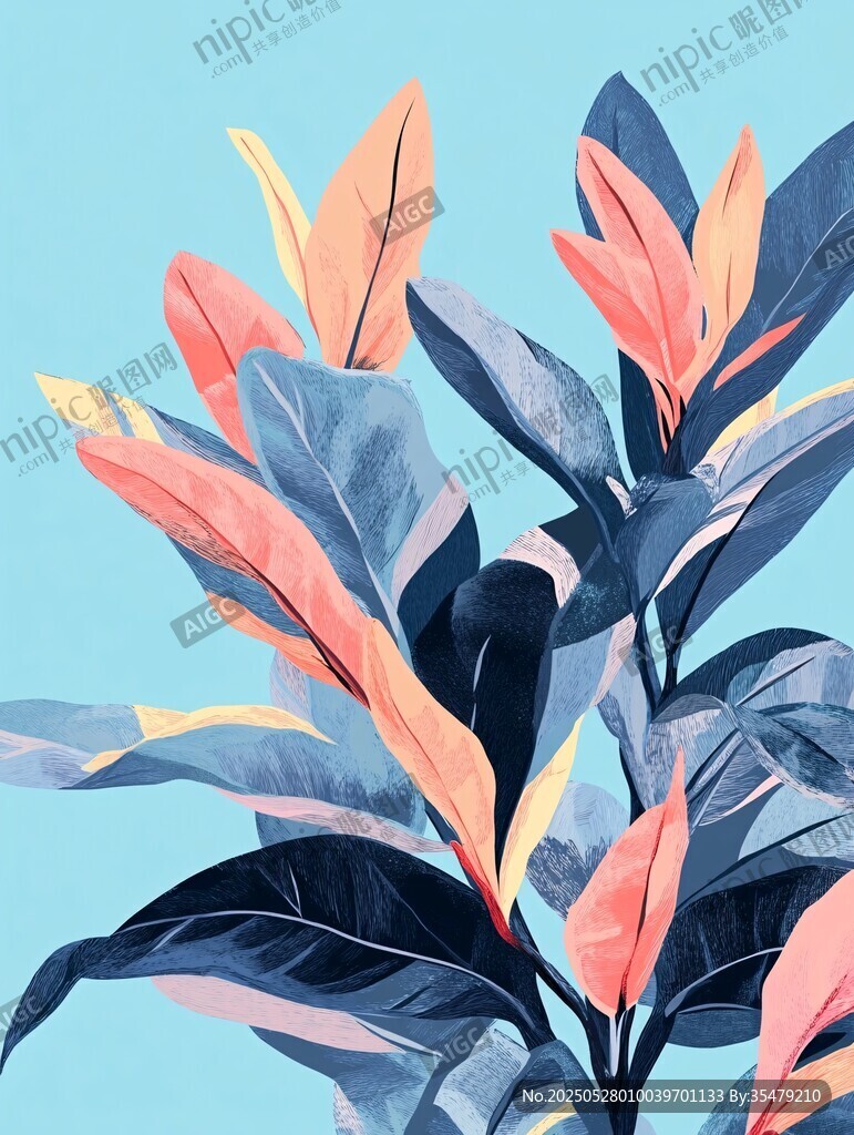 夢(mèng)幻多彩植物葉片插畫