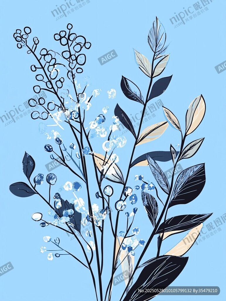藍(lán)色手繪花卉植物插畫