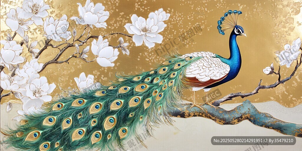 孔雀棲枝 玉蘭花綻華彩