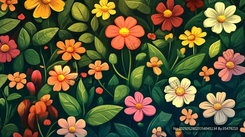 繽紛花卉構成夢幻植物圖景