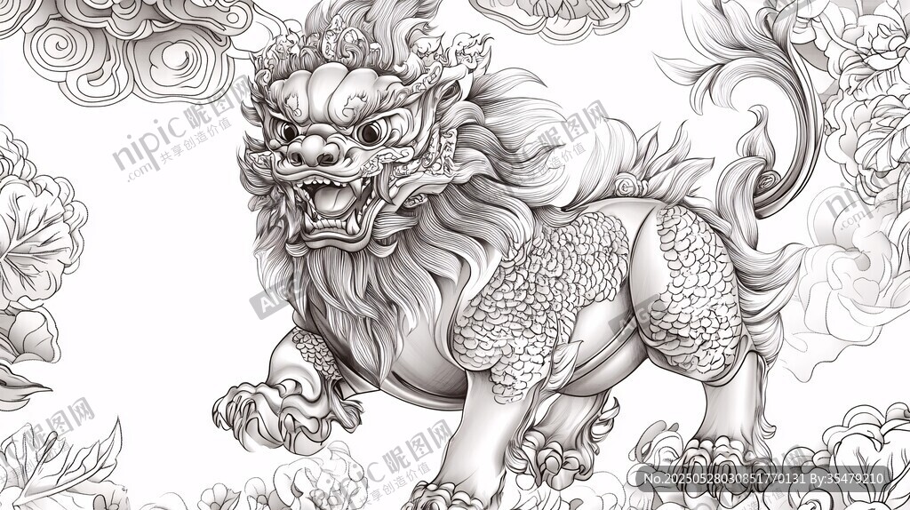 中式麒麟瑞獸線描圖案
