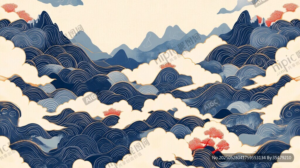 中式山水云紋國風插畫