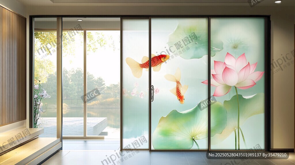 中式荷花金魚藝術(shù)玻璃移門