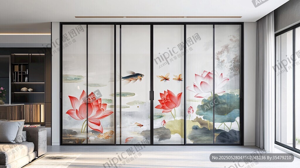 中式荷花花鳥風(fēng)移門設(shè)計(jì)